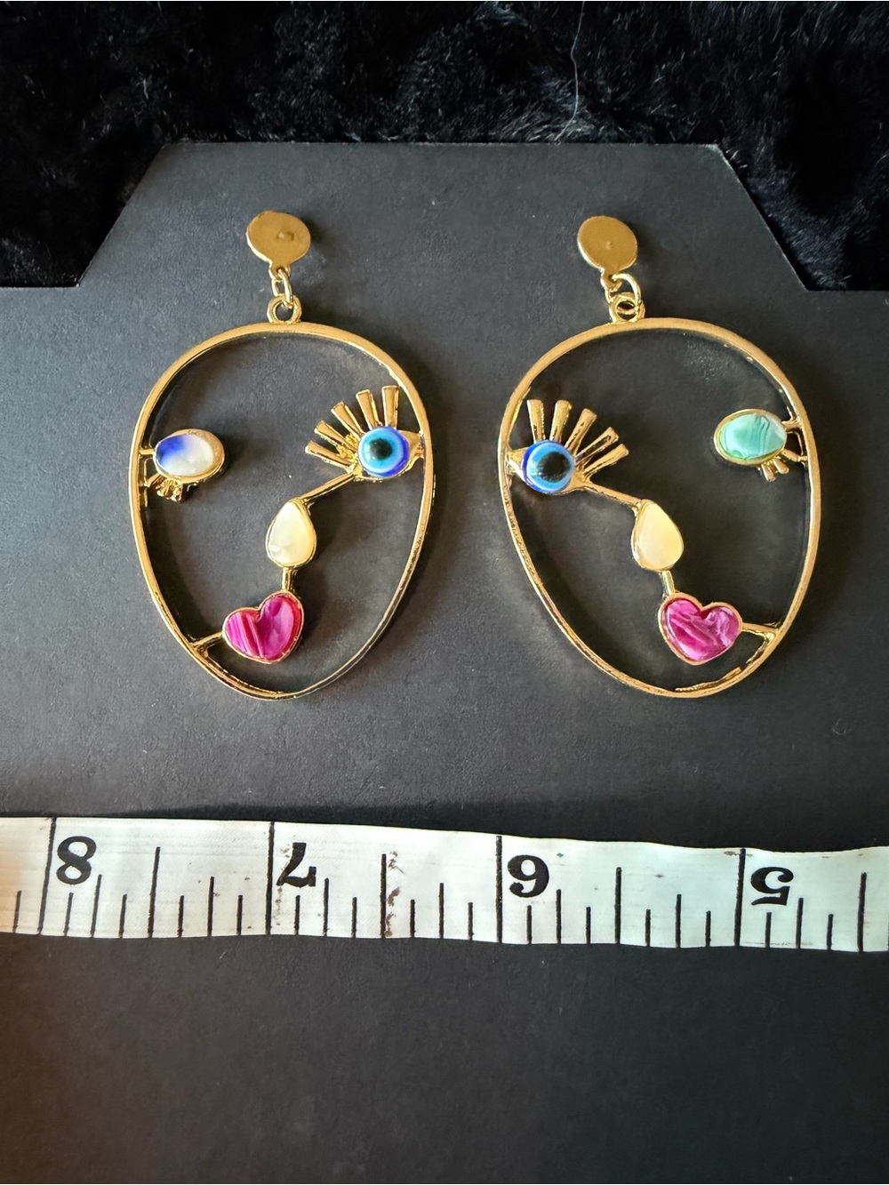 Gold Face Outline Earrings with Multicolor Gem Accents - Women Jewelry